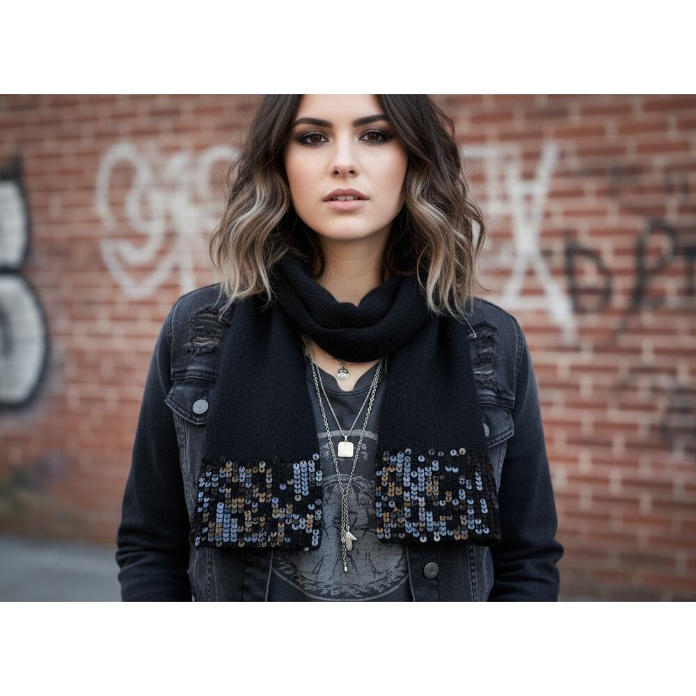 Black Wool Blend Sequin Scarf